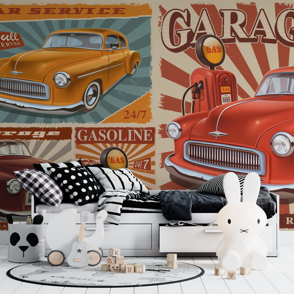 Classic car mural brightening up a teen bedroom with retro automotive theme