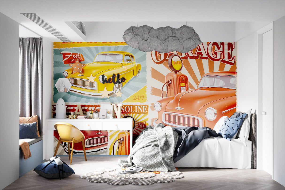 Vintage garage wallpaper making a statement in a home office with industrial furniture