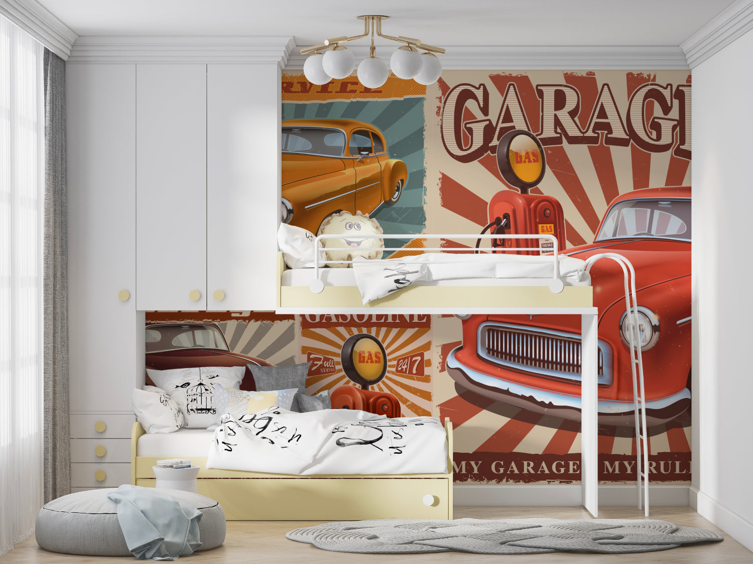 Retro car mural adding character to a man cave with vintage collectibles