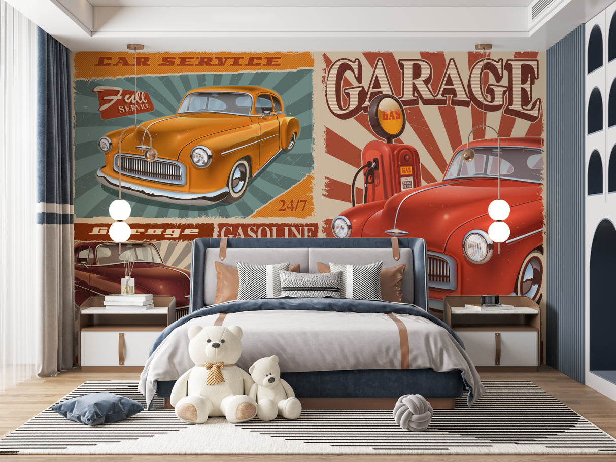 American garage wallpaper transforming a basement entertainment area