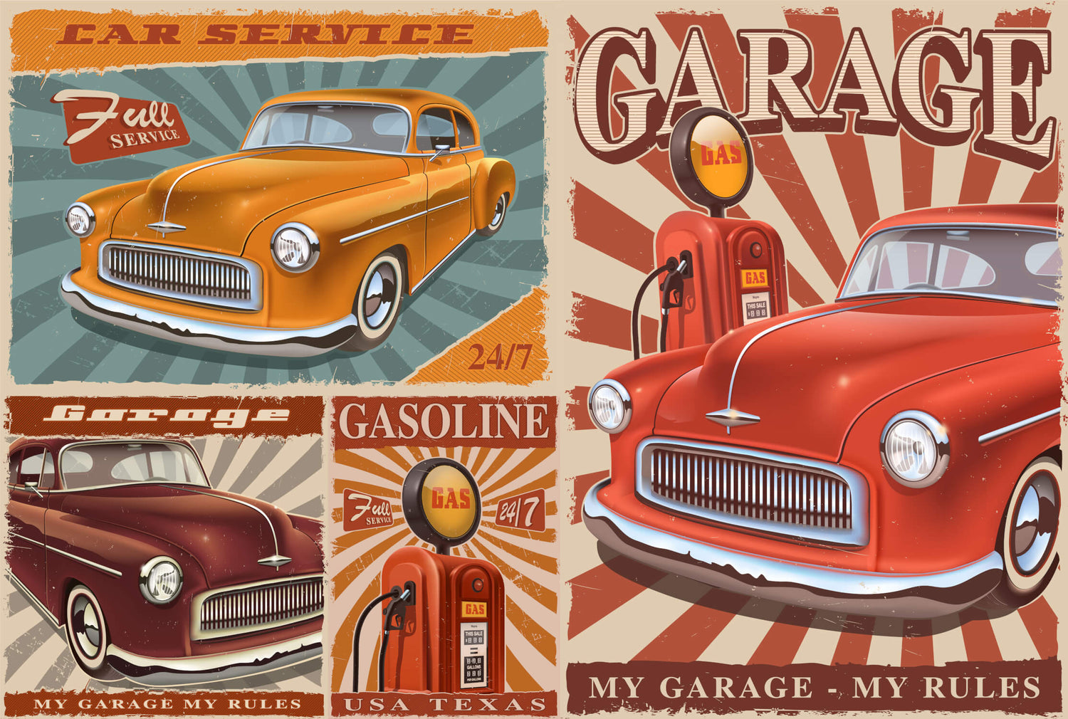Design file showing detailed vintage car pattern with classic American garage elements