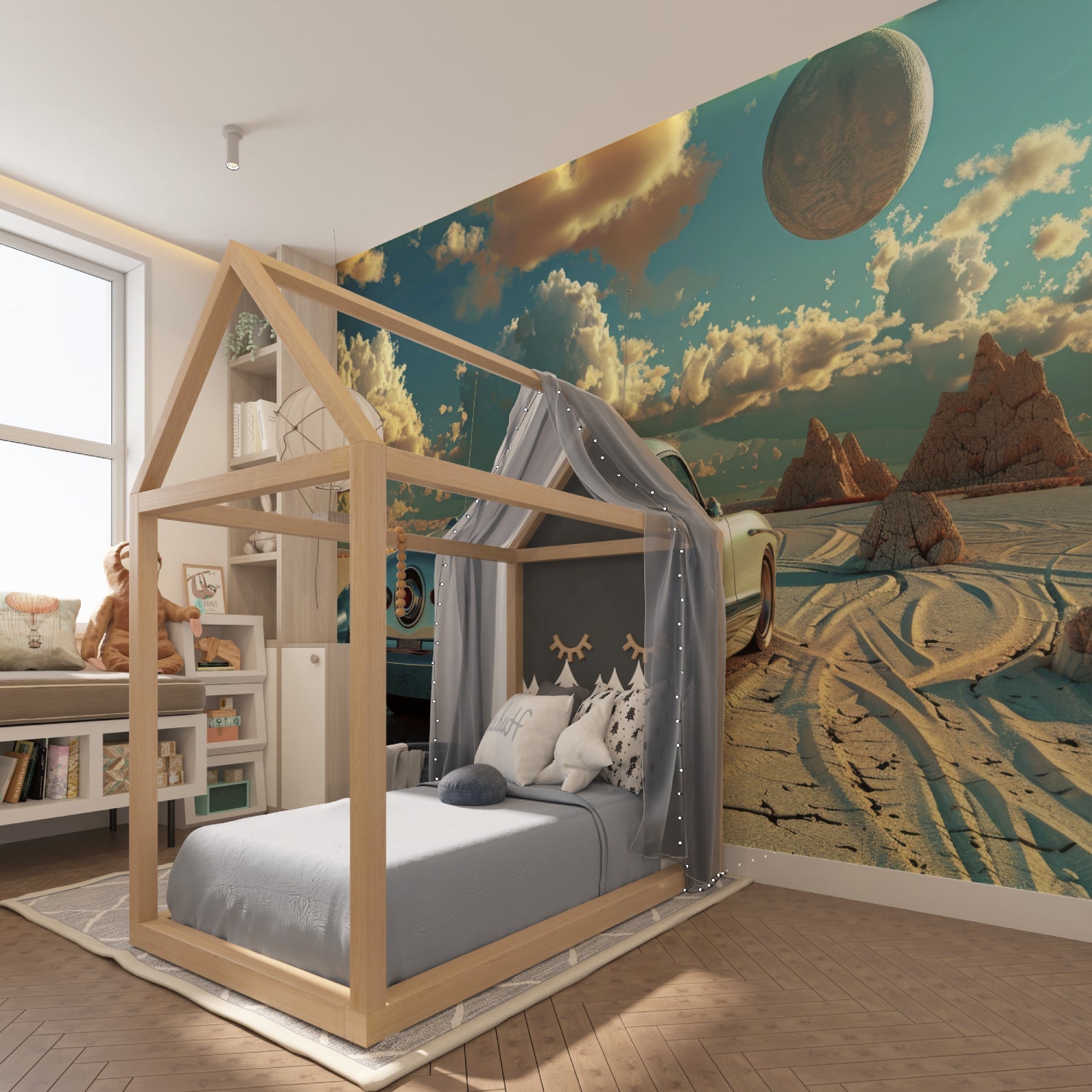 Vintage automobile wallpaper installation in man cave showing desert scene