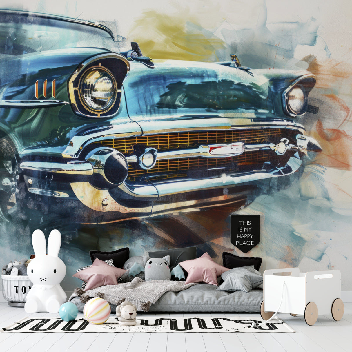 Classic car wallpaper mural in modern living room with blue sofa and natural light