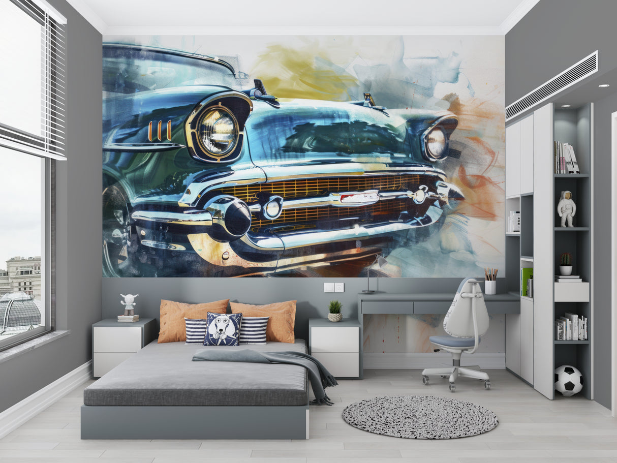 Vintage automotive wallpaper creating focal point in home office space