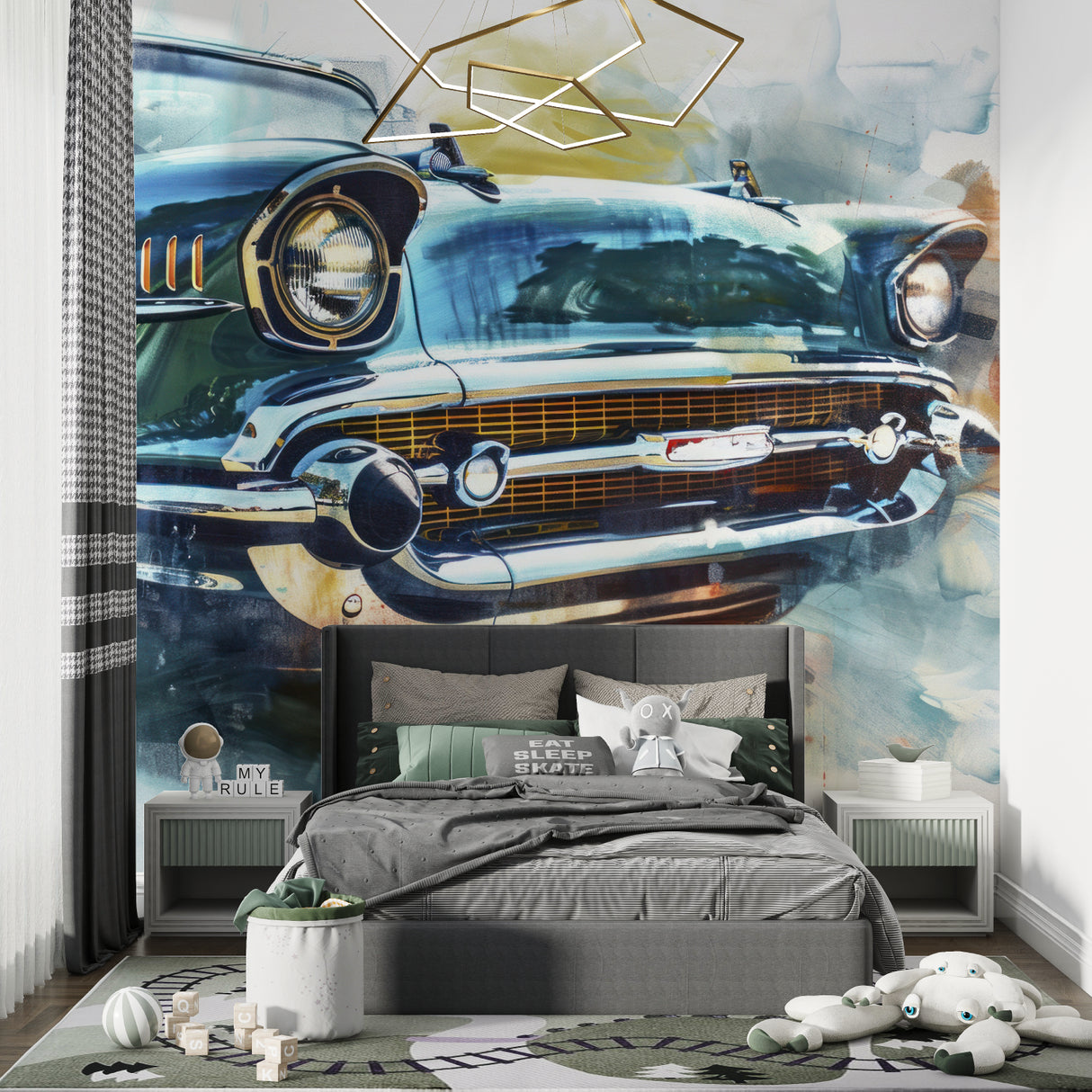 Classic car mural wallpaper in teen bedroom with retro decor