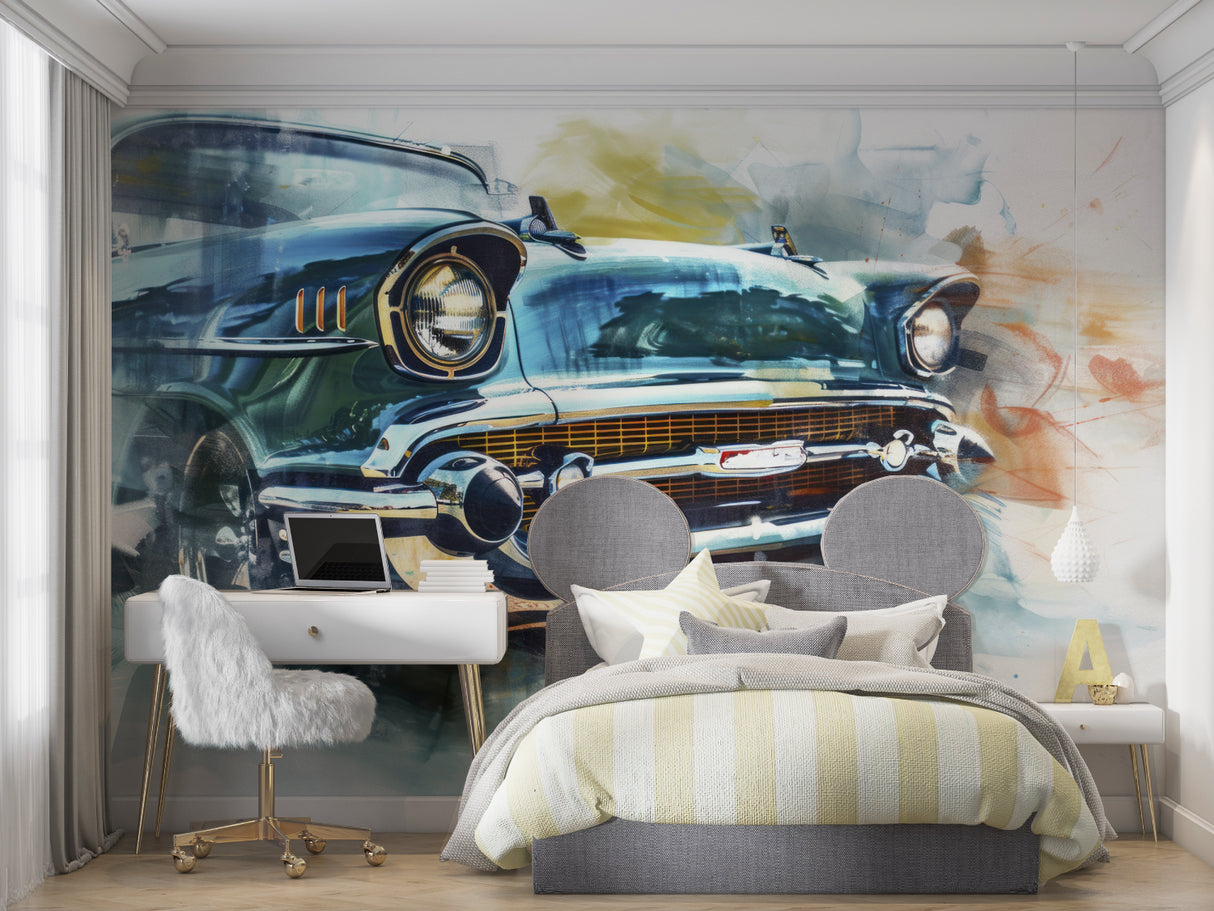 Retro car wallpaper design styled in contemporary dining room