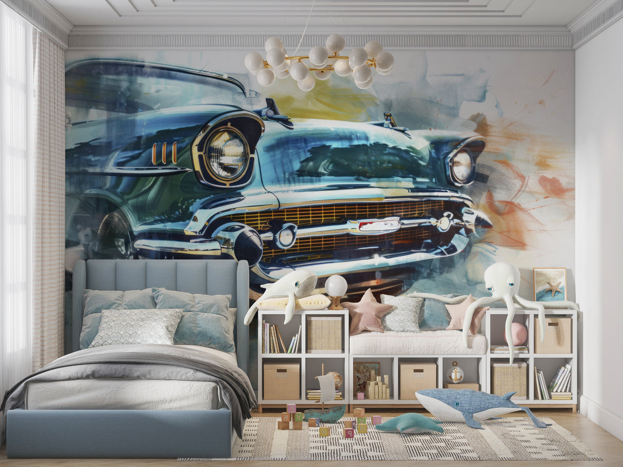 Vintage car mural adding character to minimalist hallway design