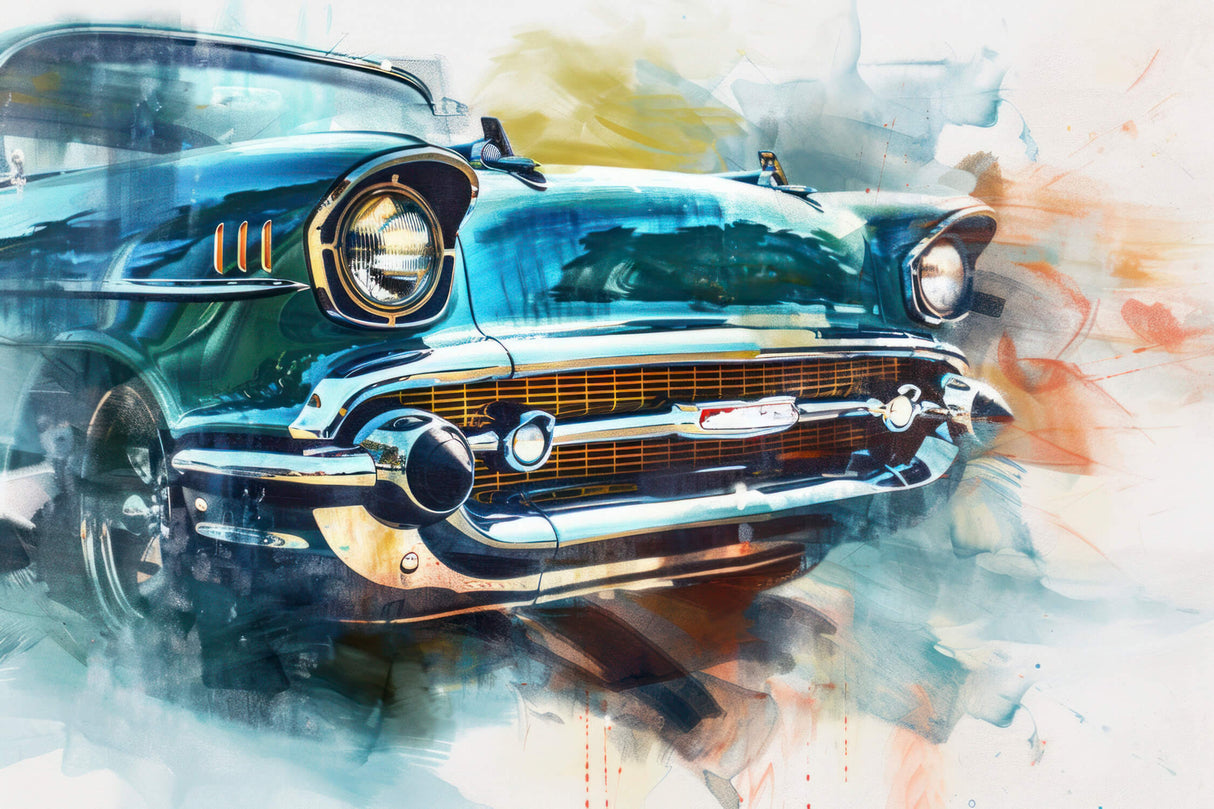 Classic car watercolor design file showing detailed turquoise and chrome pattern