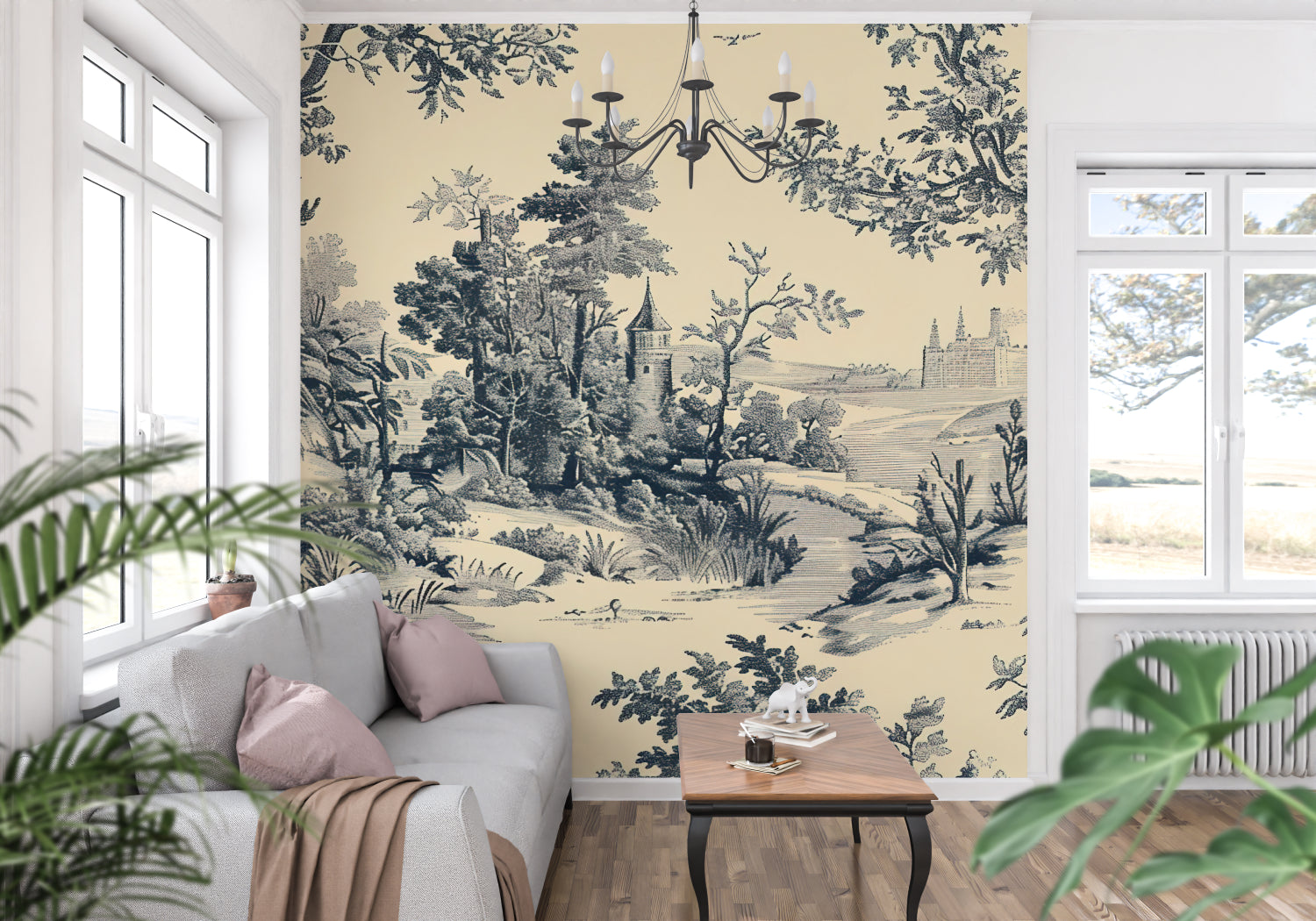 Vintage castle toile wallpaper creating elegance in a classic living room setting