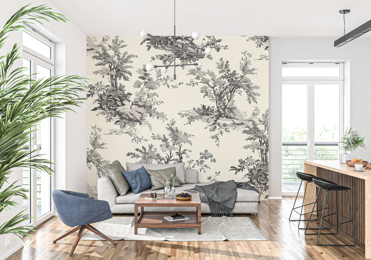 Black and white botanical mural in modern living room setting