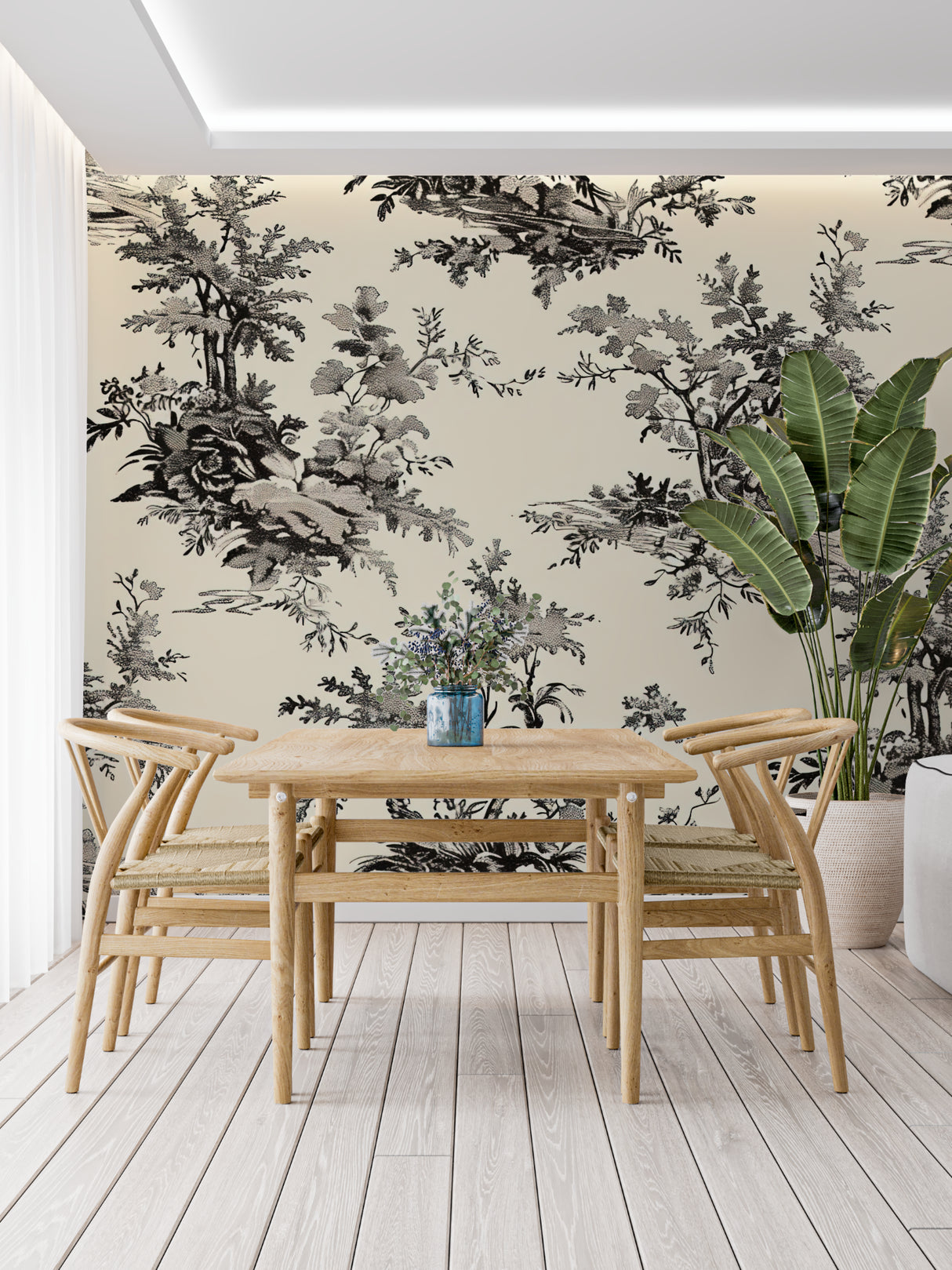 Toile de Jouy pattern wallpaper in home office with minimal furniture