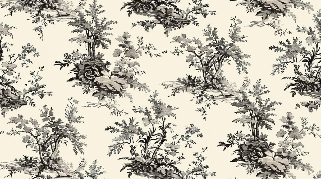 Black and white Toile de Jouy pattern design file showing intricate floral details