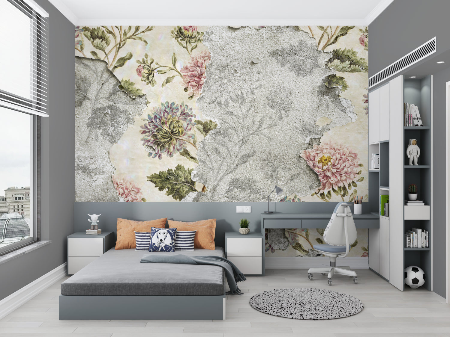 Vintage floral wallpaper with concrete texture in modern living room showing soft pink and purple blooms
