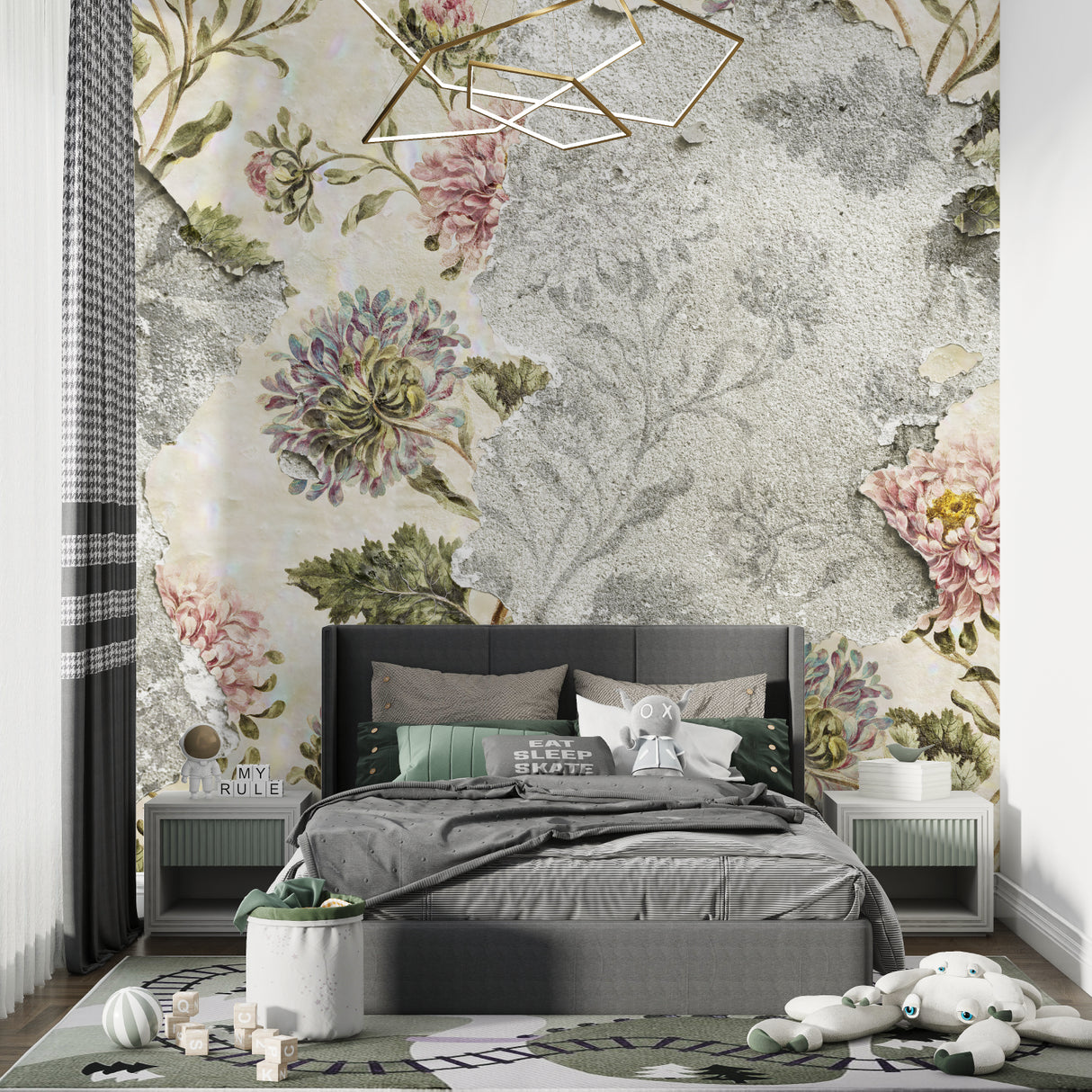 Concrete floral wall mural in bedroom creating cozy atmosphere with vintage botanical design