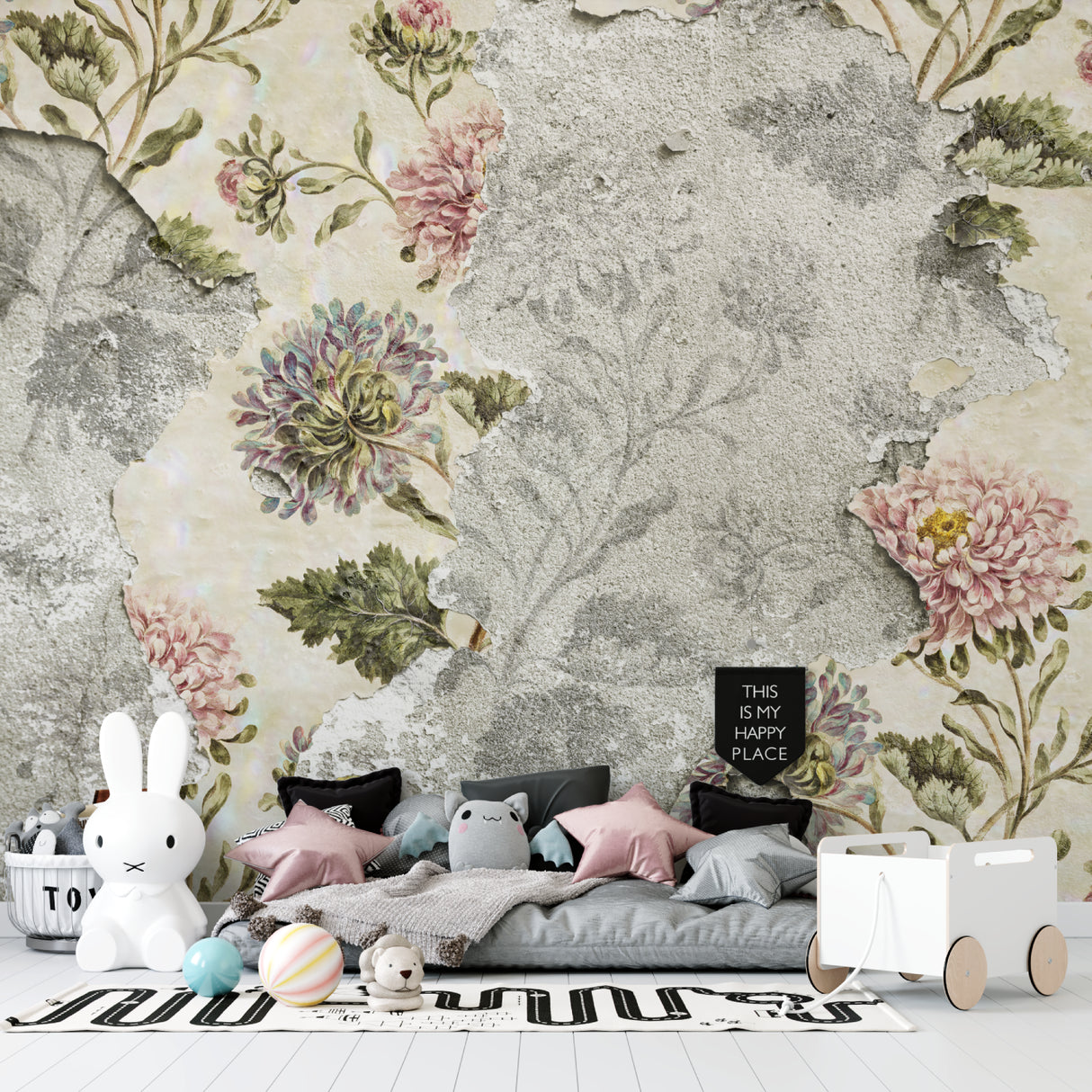 Floral wall mural in dining room showing distressed concrete texture with delicate bloom pattern