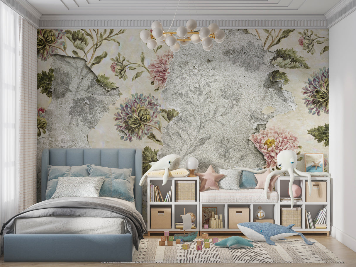 Vintage botanical wallpaper in home office featuring concrete and floral elements