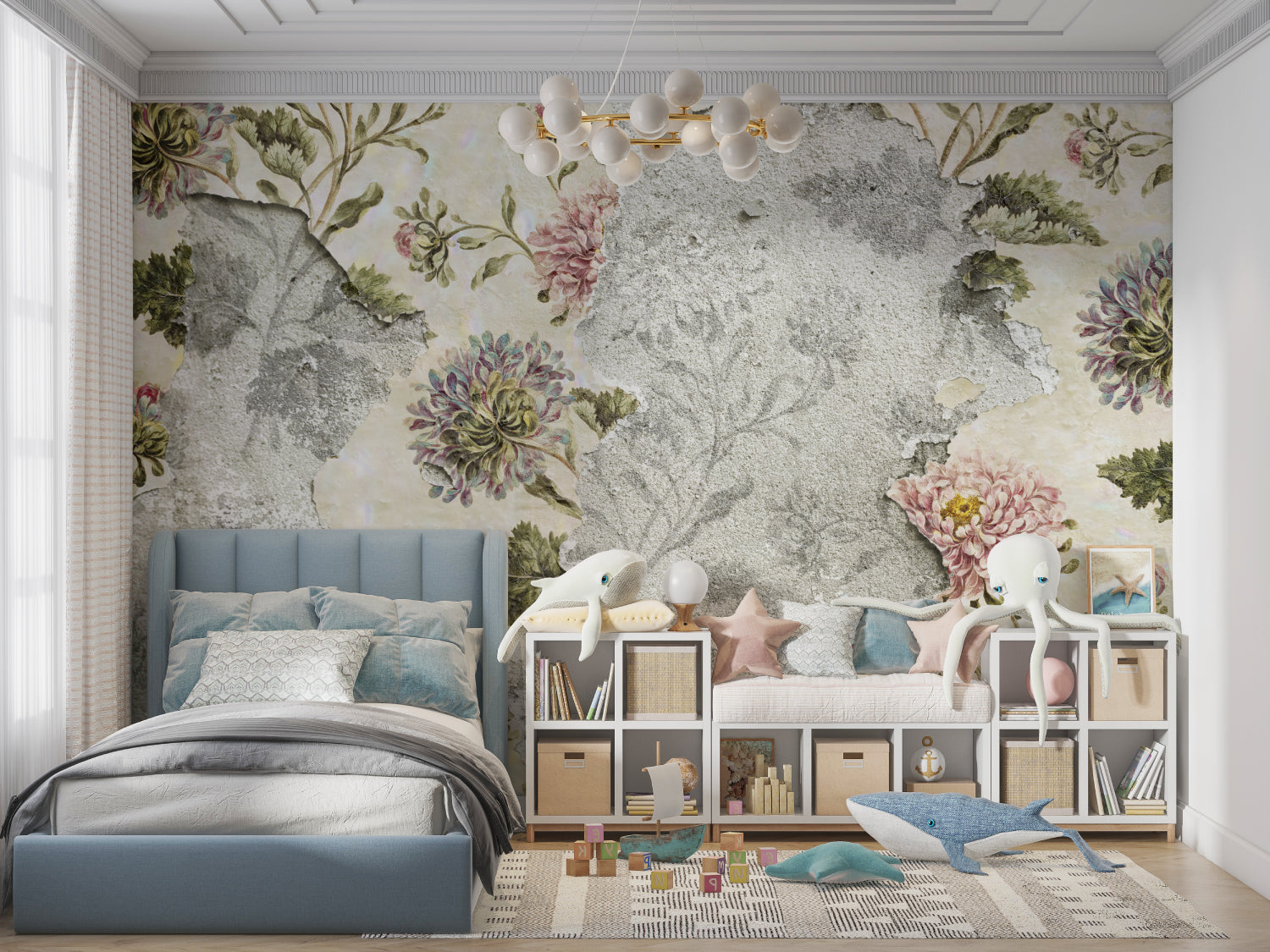 Vintage botanical wallpaper in home office featuring concrete and floral elements