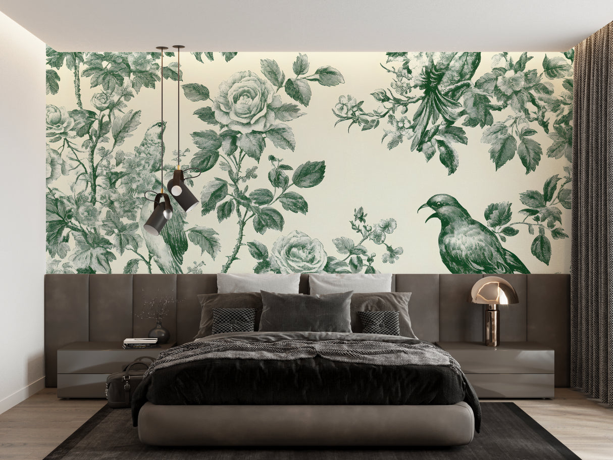 Green botanical wall mural in master bedroom creating a fresh garden feel