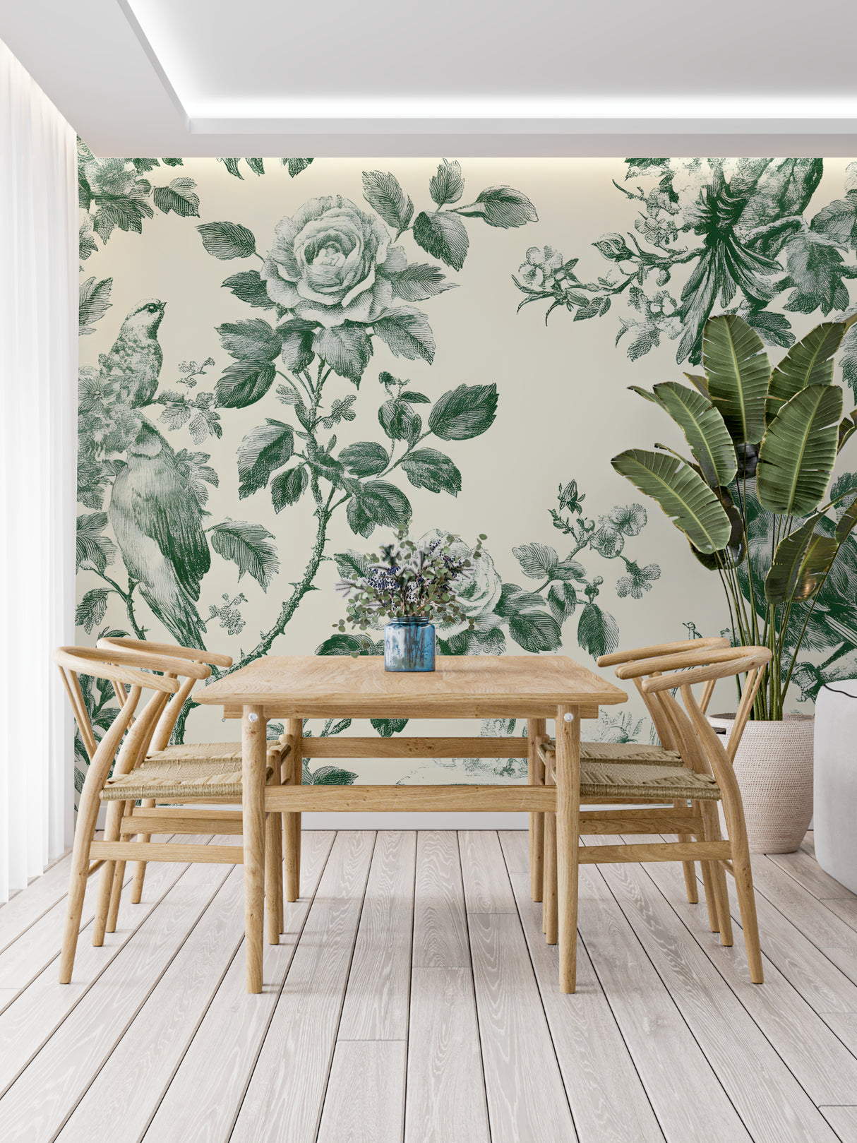 Floral toile wallpaper bringing charm to a living room accent wall