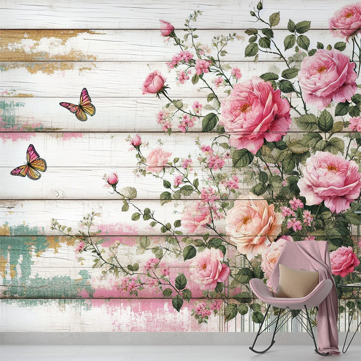 Pink rose and butterfly wallpaper mural creating a garden feel in a bright dining room with white furniture