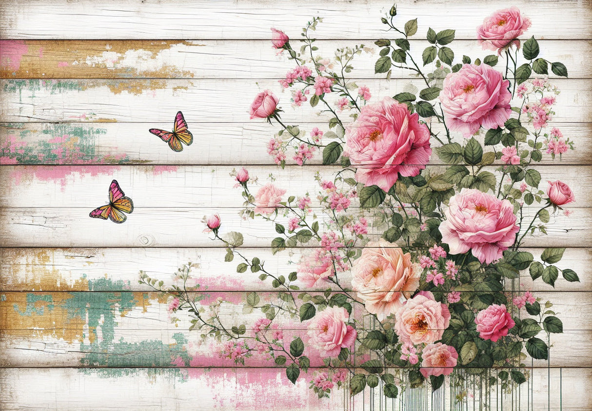 Vintage floral wallpaper design file showing detailed pink roses and butterflies on weathered wood background