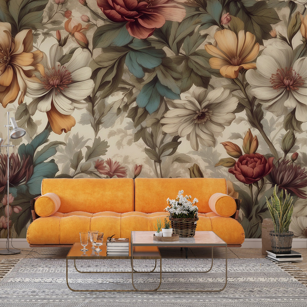 Vintage floral wallpaper creating a cozy atmosphere in a bright living room with autumn-toned furniture and natural light