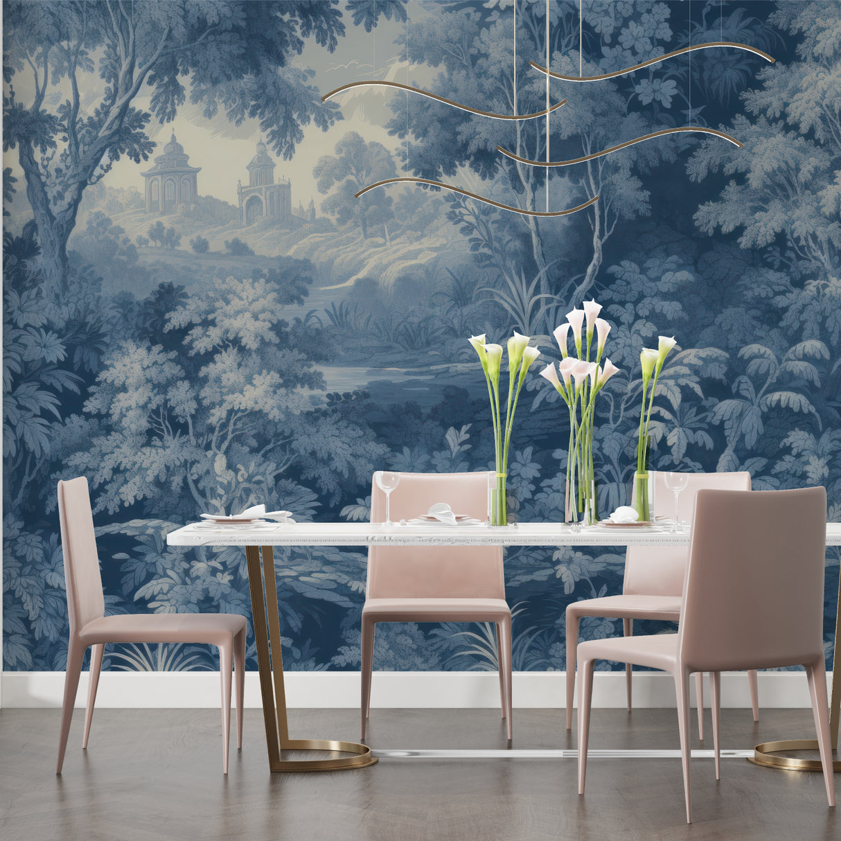 Classical landscape wallpaper in an elegant dining room with soft lighting