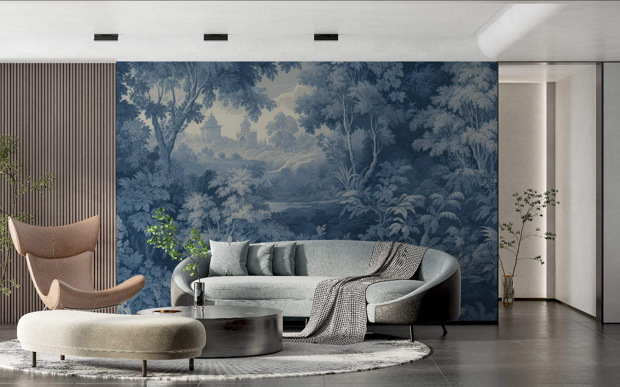 Blue and gold forest mural adding sophistication to a master bedroom