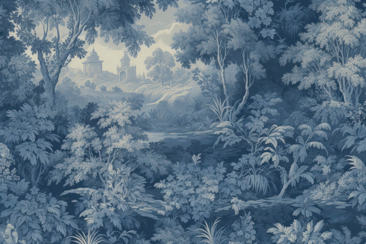 Design file showing detailed blue and gold classical forest landscape pattern