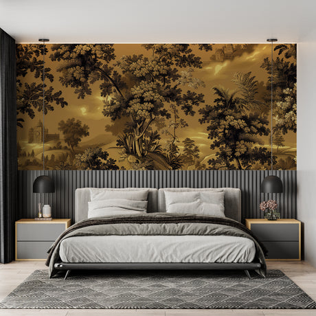 Vintage Forest Mural Wallpaper creating a golden glow in a modern living room with minimal furniture