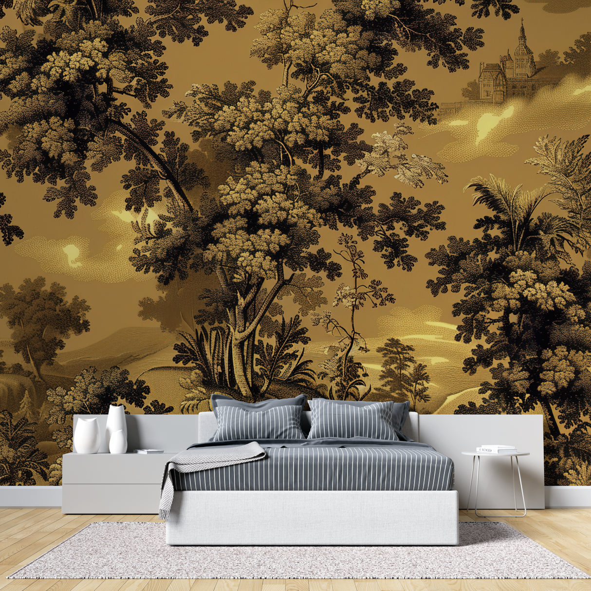 Panoramic Forest Mural making a statement in an elegant dining room setting