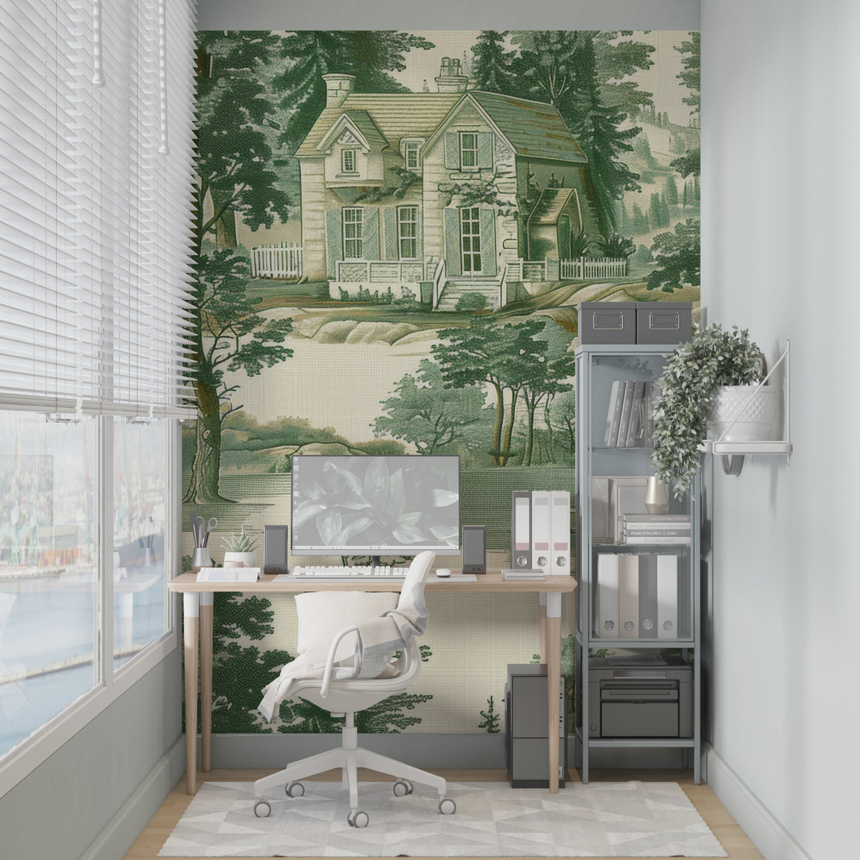 Vintage Forest Mural Wallpaper creating depth in a bright living room with tall windows