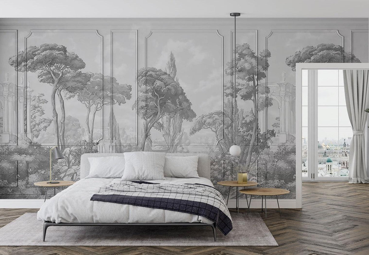 Vintage garden mural wallpaper adding elegance to a modern living room with gray sofas