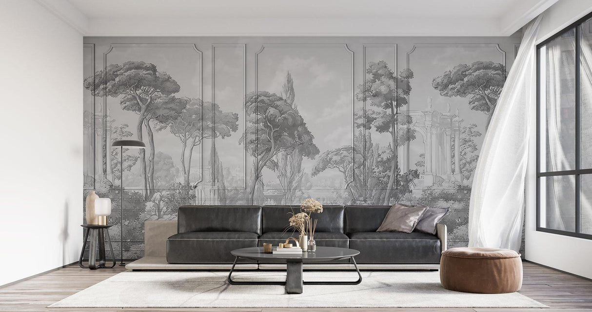 Classical garden wallpaper creating depth in a bright dining room setting