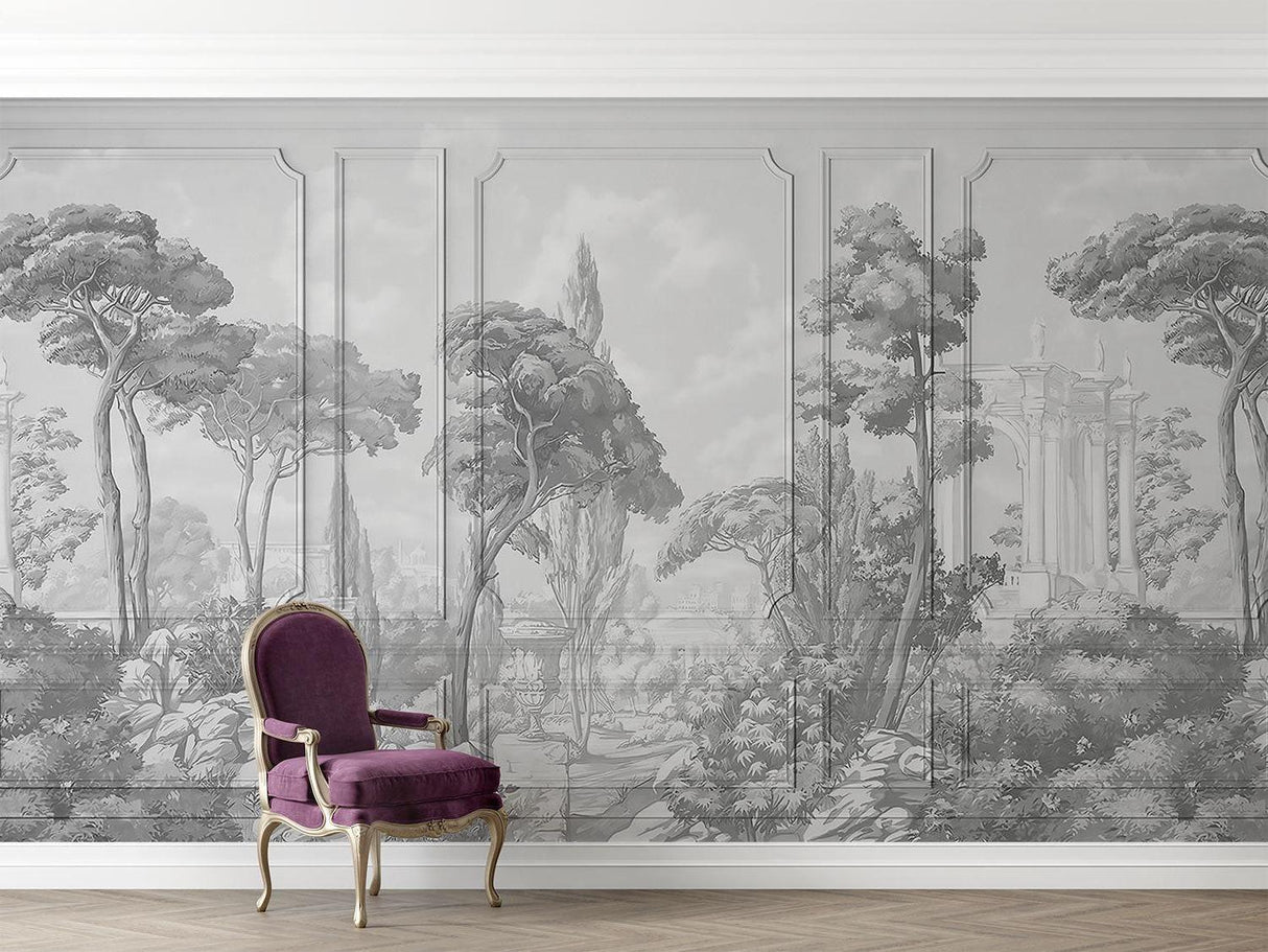 Monochrome garden mural transforming a home office with architectural details