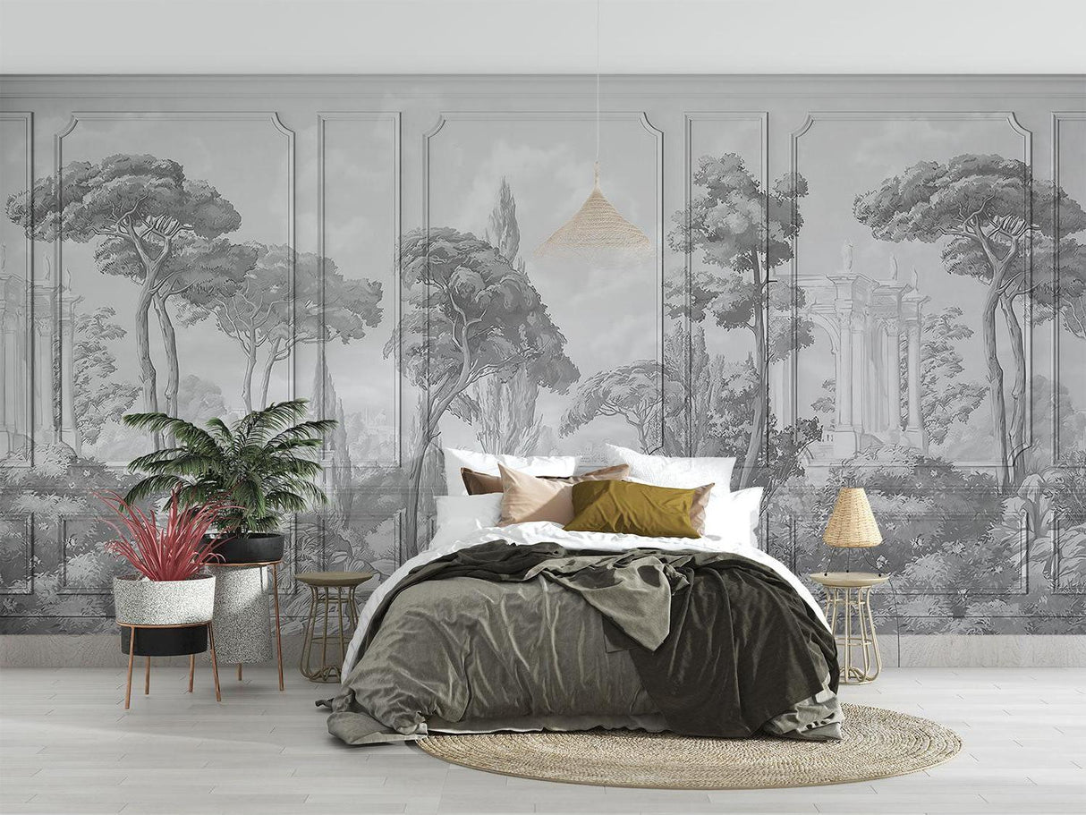 Vintage wall mural bringing classic charm to a master bedroom