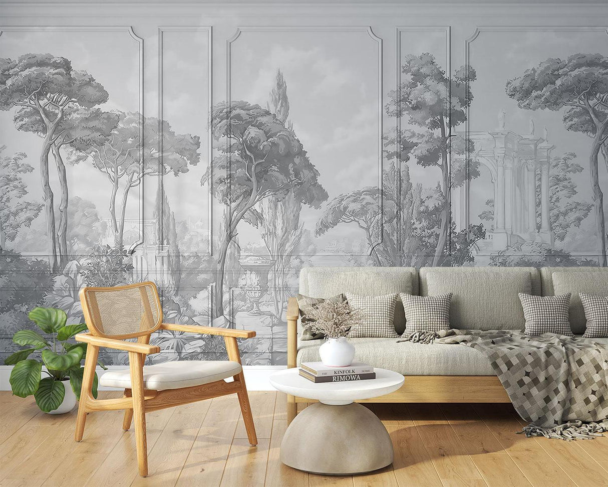 Garden scene wallpaper making a hallway feel grand and spacious