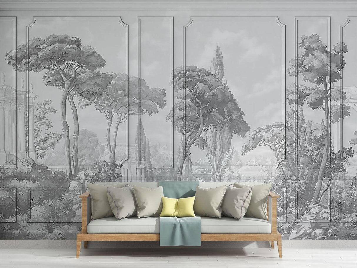 Classical mural creating an elegant atmosphere in an entryway
