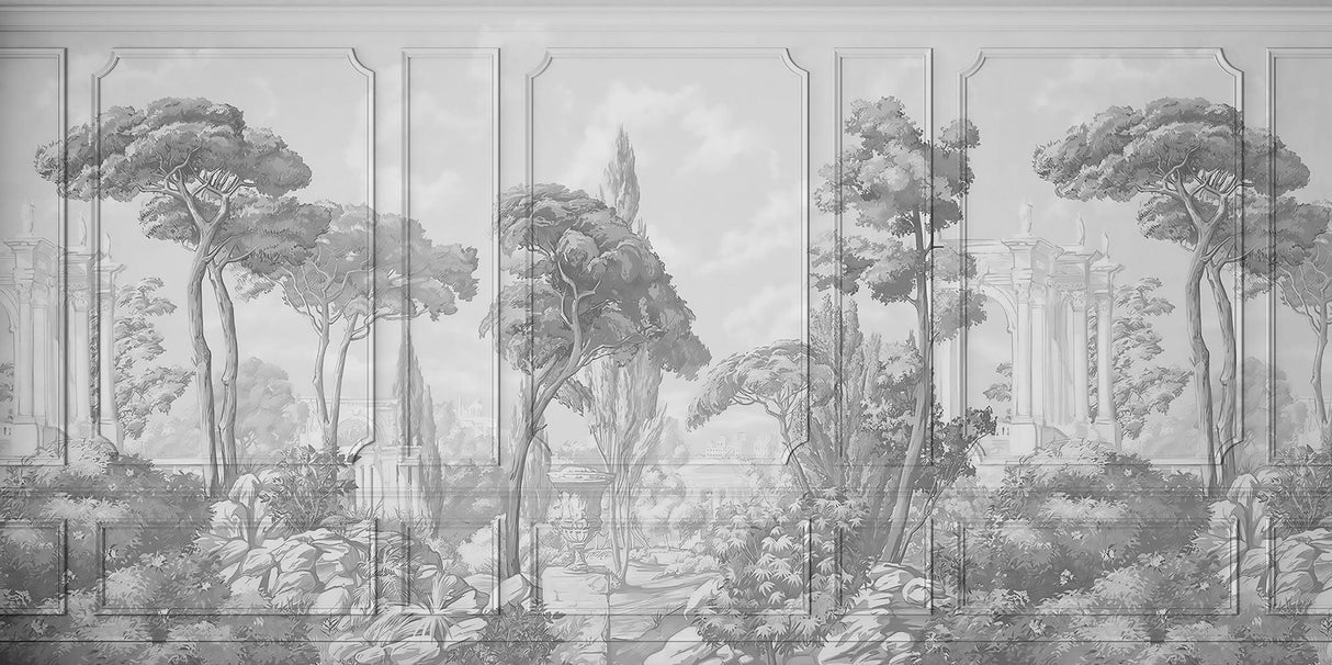 Vintage garden wallpaper design file showing detailed classical scene pattern