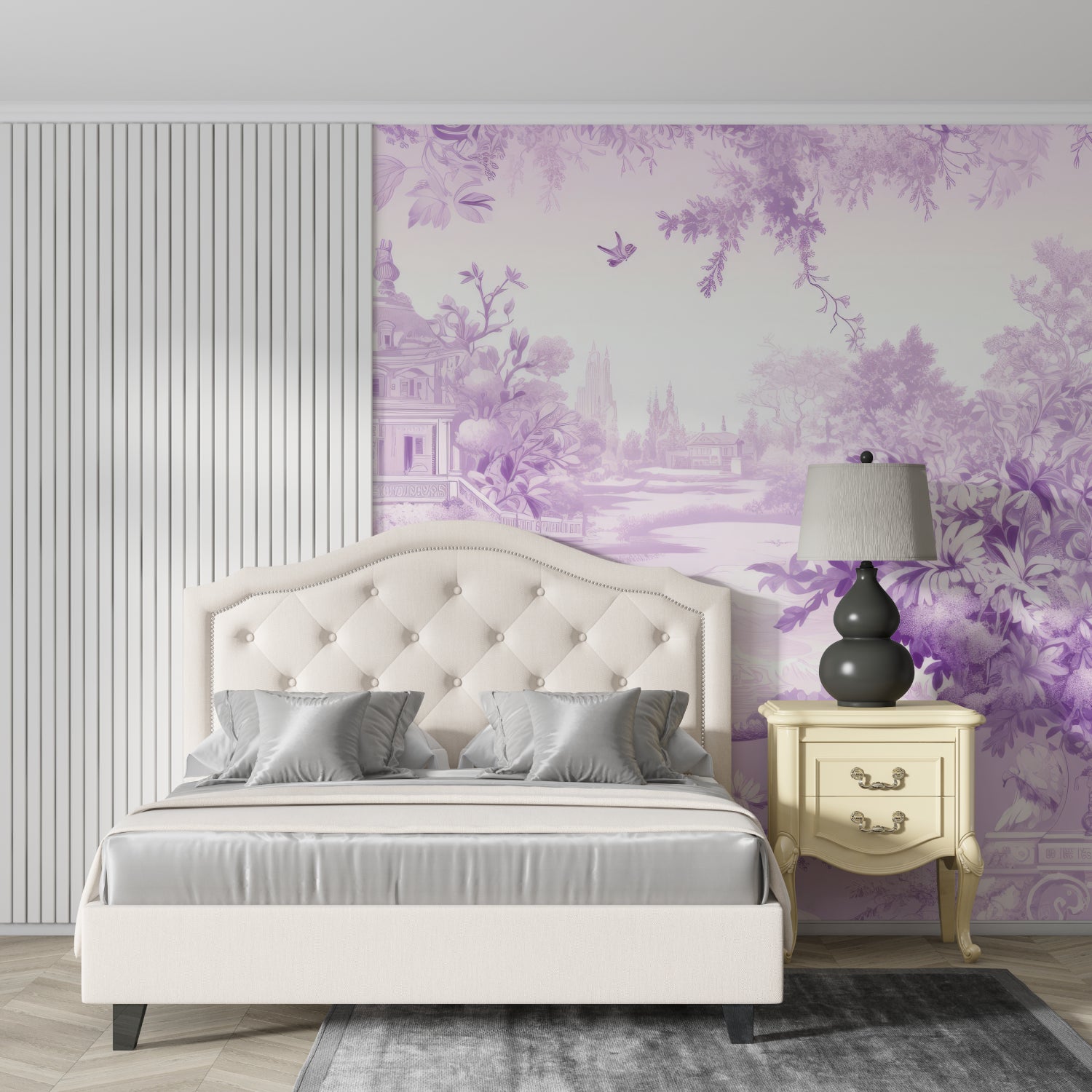 Vintage purple landscape mural bringing nature into modern living room
