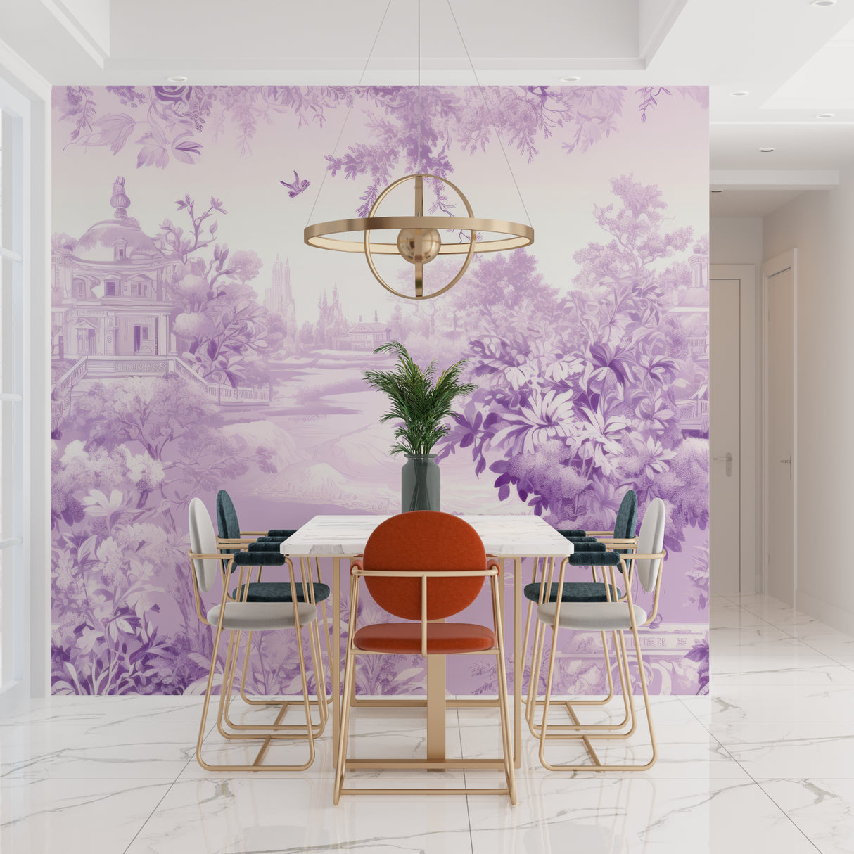 Garden paradise wallpaper creating calm atmosphere in dining room