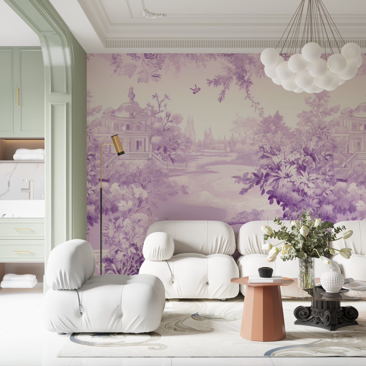 Purple floral mural wallpaper showcased in bright home office