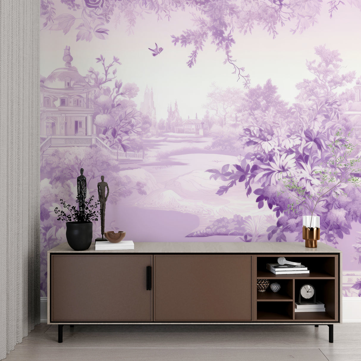 Vintage garden scene mural adding depth to hallway space