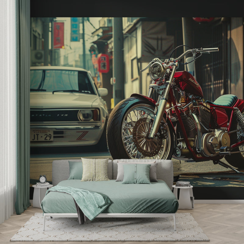 Japanese street scene mural creating atmosphere in a teen bedroom with custom bike details