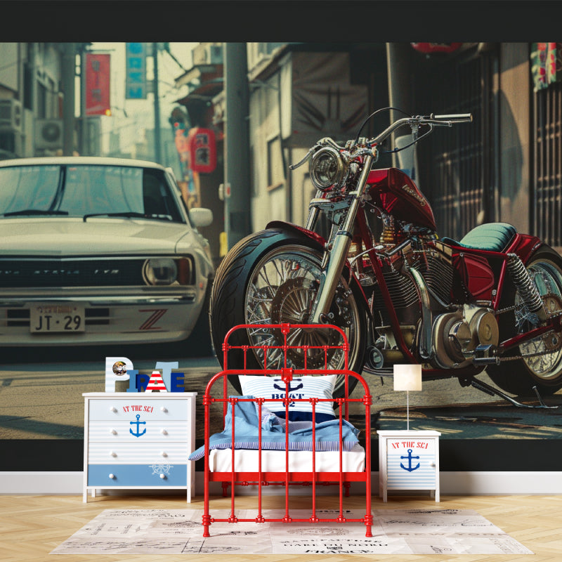 Automotive wall mural adding character to a game room with traditional Japanese elements