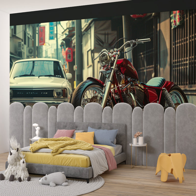 Retro motorcycle wallpaper transforming a home office with urban Japanese style