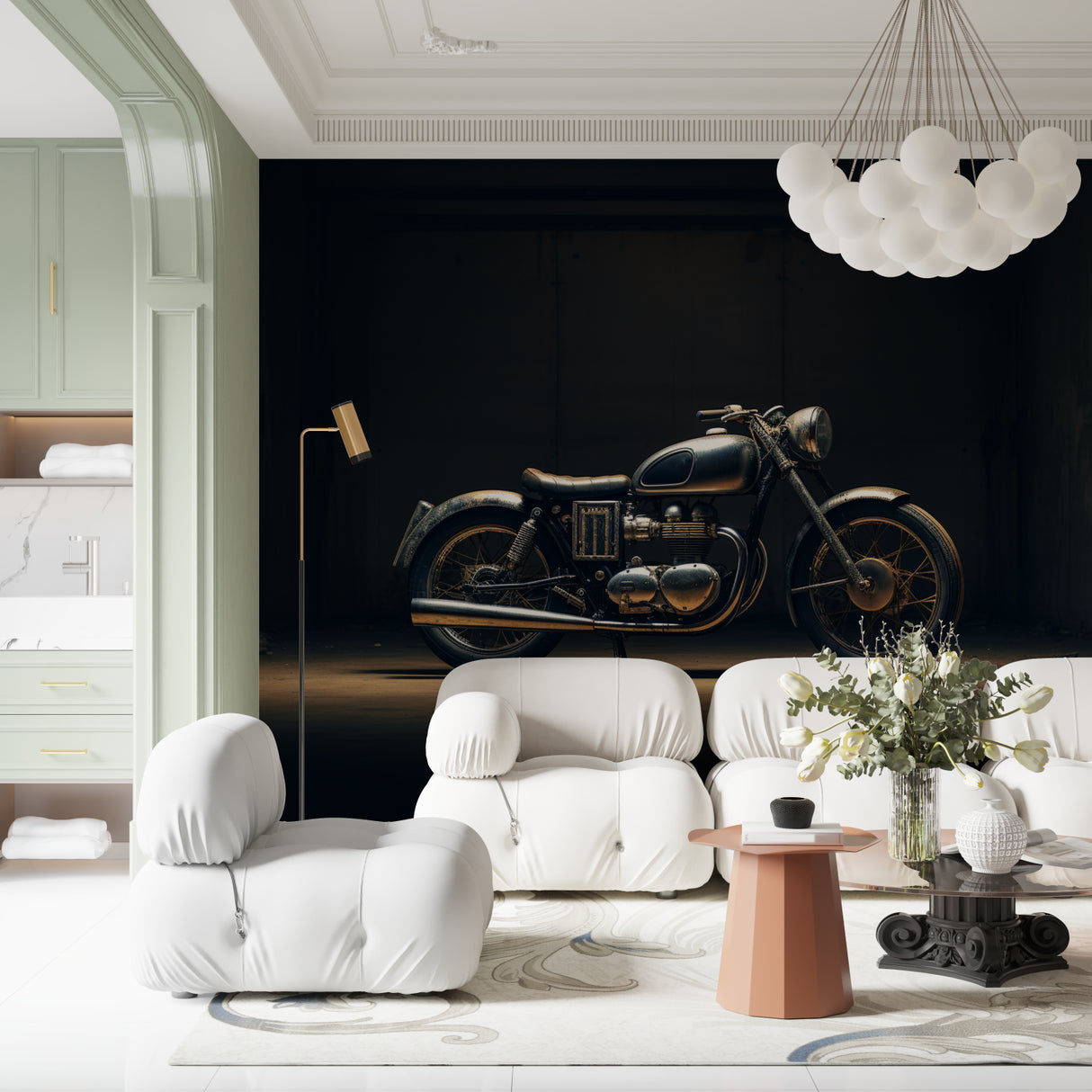 Vintage motorcycle wallpaper creating dramatic appeal in modern living room with black and gold accents