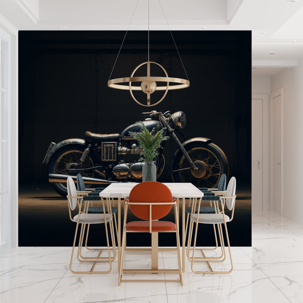 Classic motorcycle mural adding style to industrial home office space