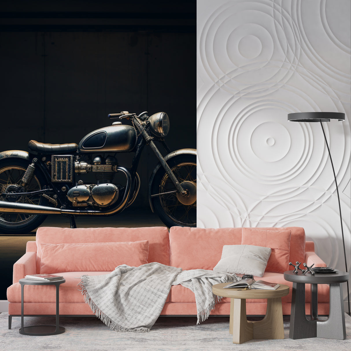 Vintage bike wall mural bringing character to garage lounge area