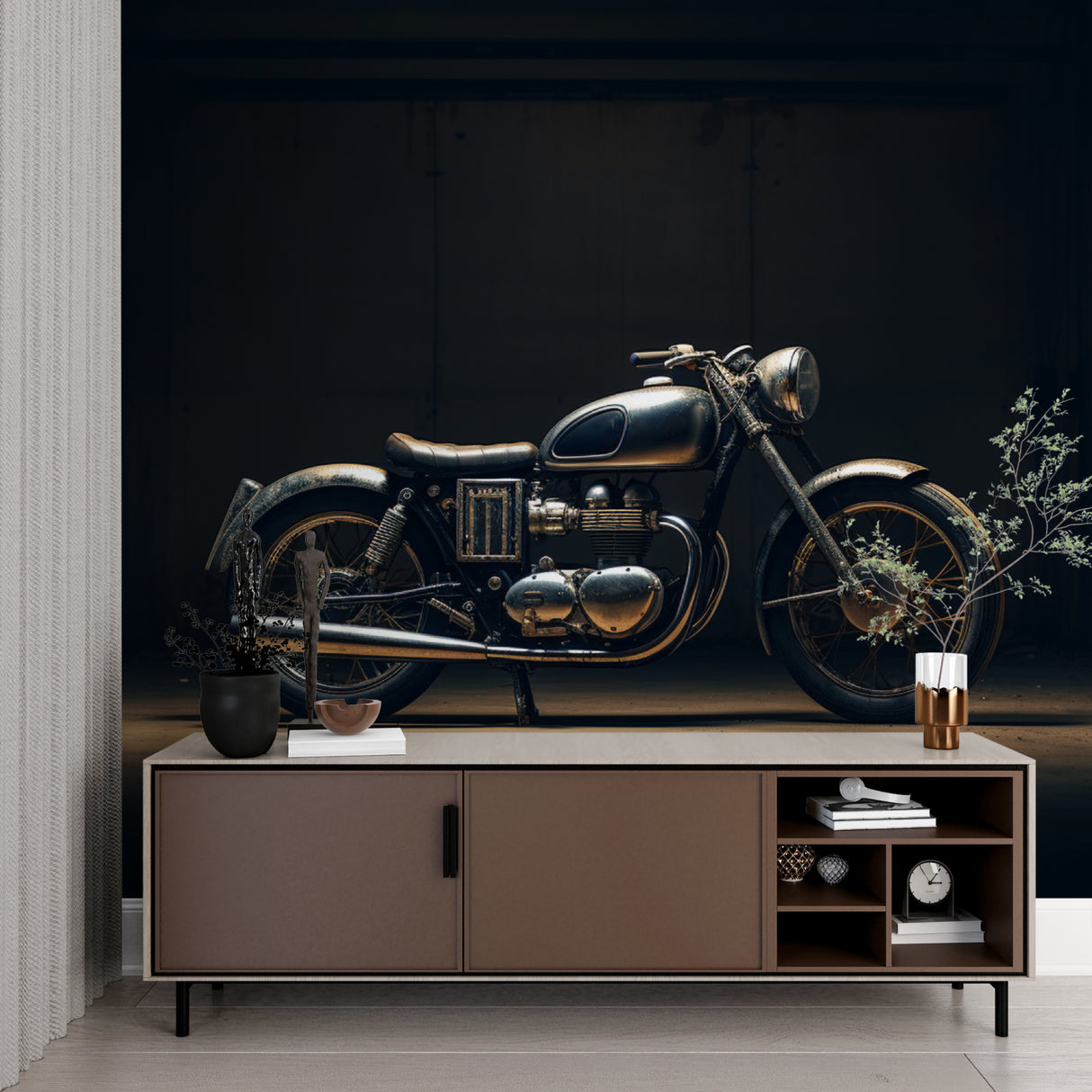 Motorcycle wall design showcased in contemporary bachelor pad setting